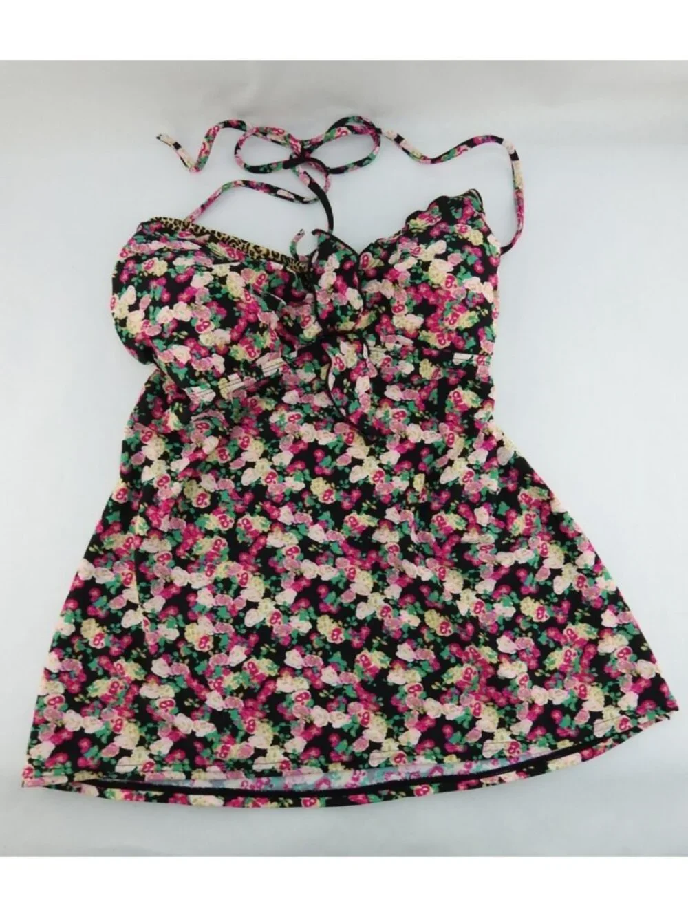 Vintage Candies Floral Leopard Trim Tankini Top XL Black Pink Halter Swim Y2K - Picture 5 of 9